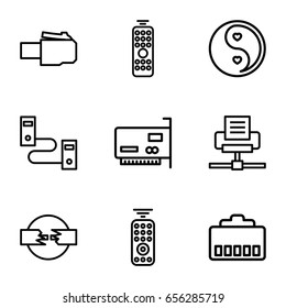 Universal icons set. set of 9 universal outline icons such as yin yang, remote control, phone cable, phone connection cable