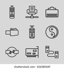 Universal icons set. set of 9 universal outline icons such as yin yang, remote control, phone cable, phone connection cable