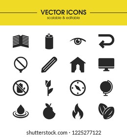 Universal icons set with apple, real estate and computer elements. Set of universal icons and fruit concept. Editable vector elements for logo app UI design.