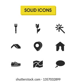 Universal icons set with bubble, sneaker and 3d pin elements. Set of universal icons and property concept. Editable vector elements for logo app UI design.