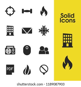 Universal icons set with building, snowflake and people group elements. Set of universal icons and flame concept. Editable vector elements for logo app UI design.