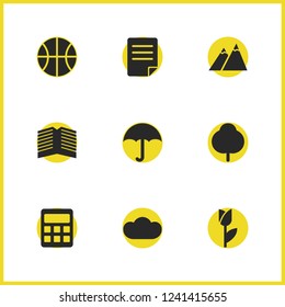 Universal icons set with calculator, umbrella and flat elements. Set of universal icons and weather concept. Editable vector elements for logo app UI design.