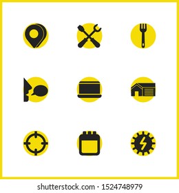 Universal icons set with calendar, service and 3d pin elements. Set of universal icons and mechanic tool concept. Editable vector elements for logo app UI design
