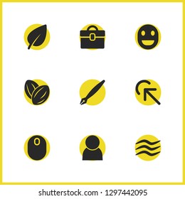 Universal icons set with click here, wave and mouse elements. Set of universal icons and scrolling concept. Editable vector elements for logo app UI design.