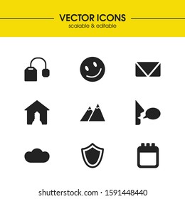 Universal icons set with cloud, calendar and tea bag elements. Set of universal icons and tea packet concept. Editable vector elements for logo app UI design.