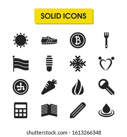 Universal icons set with cryptocurrency, lightbulb and fire elements. Set of universal icons and calculate concept. Editable vector elements for logo app UI design.