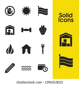 Universal icons set with date, fire and pencil elements. Set of universal icons and dumbbell concept. Editable vector elements for logo app UI design.