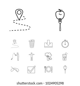 Universal icons set with delete, ice and fishing elements. Set of universal icons and trash bin concept. Editable vector elements for logo app UI design.