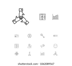 Universal icons set with elevator, megaphone and lab elements. Set of universal icons and emoji concept. Editable vector elements for logo app UI design.