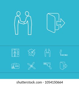 Universal icons set with elevator, SEO and vape elements. Set of universal icons and ventilation concept. Editable vector elements for logo app UI design.