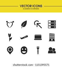 Universal icons set with family, plane and flower elements. Set of universal icons and happy face concept. Editable vector elements for logo app UI design.