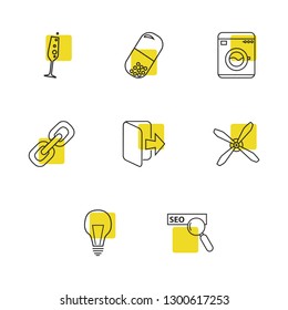 Universal icons set with fan, link and logout elements. Set of universal icons and searching concept. Editable vector elements for logo app UI design.