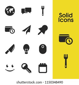 Universal icons set with fork, location mark and bulb elements. Set of universal icons and communication concept. Editable vector elements for logo app UI design.