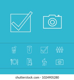 Universal icons set with glass, relations and plate elements. Set of universal icons and drink concept. Editable vector elements for logo app UI design.