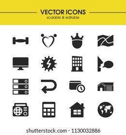 Universal icons set with home, king and map elements. Set of universal icons and fm concept. Editable vector elements for logo app UI design.