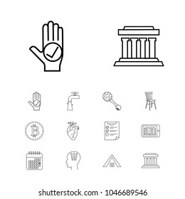 Universal icons set with honesty, cryptocurrency and toy elements. Set of universal icons and rattle concept. Editable vector elements for logo app UI design.