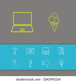 Universal icons set with ice cream, thumb down and camera elements. Set of universal icons and folder concept. Editable vector elements for logo app UI design.