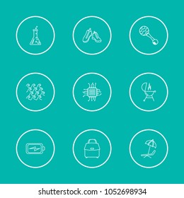 Universal icons set with lab, toy and bbq elements. Set of universal icons and sea concept. Editable vector elements for logo app UI design.