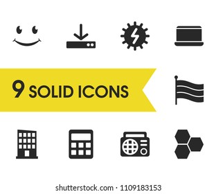 Universal icons set with light, honey and download elements. Set of universal icons and portable computer concept. Editable vector elements for logo app UI design.
