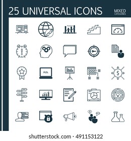 Universal Icons Set of Mixed Categories. Contains Symbols on Topics Such as Decision Making, Link Building, Workspace and more. Icons Can Be Used For Web, Mobile and Infographic Design.