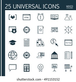 Universal Icons Set of Mixed Categories. Contains Symbols on Topics Such as Link Building, Flask, Award and more. Icons Can Be Used For Web, Mobile and Infographic Design.