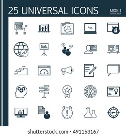 Universal Icons Set of Mixed Categories. Contains Symbols on Topics Such as Graph, Viral Marketing, Diploma and more. Icons Can Be Used For Web, Mobile and Infographic Design.