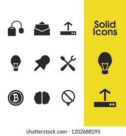 Universal icons set with no, location mark and bitcoin elements. Set of universal icons and mind concept. Editable vector elements for logo app UI design.