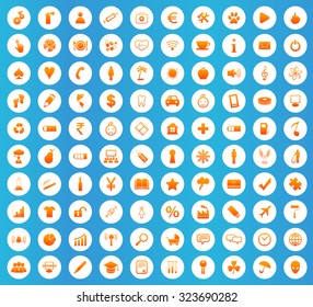 Universal icons set, orange image in white circle on blue background