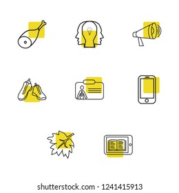 Universal icons set with personal identification, shoe and megaphone elements. Set of universal icons and leaf concept. Editable vector elements for logo app UI design.