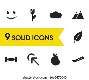 Iconos universales con elementos planos, montañosos y deportivos. Conjunto de iconos universales y concepto de hoja. Elementos vectoriales editables para el diseño de la interfaz de usuario de la aplicación del logotipo.