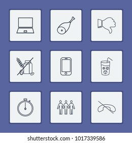 Universal icons set with relations, stopwatch and thumb down elements. Set of universal icons and reject concept. Editable vector elements for logo app UI design.