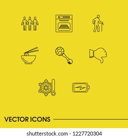 Universal icons set with relations, winter and oven elements. Set of universal icons and rattle concept. Editable vector elements for logo app UI design.