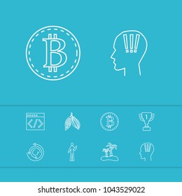 Universal icons set with reward, process and cacao elements. Set of universal icons and palm tree concept. Editable vector elements for logo app UI design.