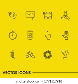 Universal icons set with sale, swirl and oil elements. Set of universal icons and tableware concept. Editable vector elements for logo app UI design.
