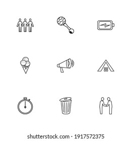 Universal icons set with stopwatch, toy and roof elements. Set of universal icons and announcement concept. Editable vector elements for logo app UI design.