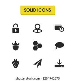 Universal icons set with strawberry, date and location elements. Set of universal icons and padlock concept. Editable vector elements for logo app UI design.