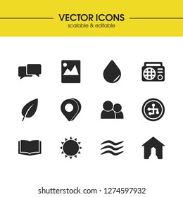 Universal icons set with sun, cryptocurrency and radio elements. Set of universal icons and image concept. Editable vector elements for logo app UI design.