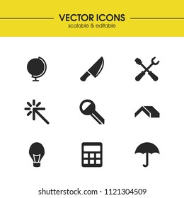 Universal icons set with umbrella, key and calculator elements. Set of universal icons and calculate concept. Editable vector elements for logo app UI design.