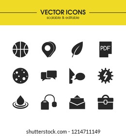 Universal icons set with water, 3d pin and moon elements. Set of universal icons and letter concept. Editable vector elements for logo app UI design.