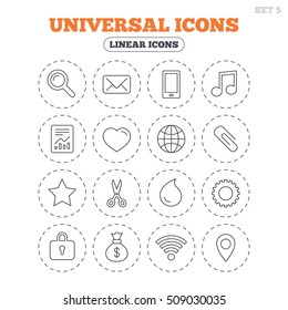 Universal icons. Smartphone, mail and musical note. Heart, globe and share symbols. Paperclip, scissors and water drop. Round flat buttons with linear icons. Vector