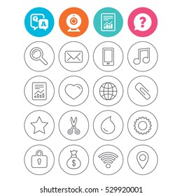 Universal icons. Smartphone, mail and musical note. Heart, globe and share symbols. Paperclip, scissors and water drop. Report document, question and answer icons. Web camera sign. Vector