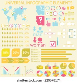 Universal infographic elements. Icon for infographics, presentations, business, cards and backgrounds. Easy editable vector file with charts, graphics and icons. Vector illustration.