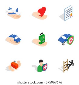 Universal insurance icons set. Isometric 3d illustration of 9 universal insurance vector icons for web