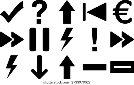 Universal Interface Icons featuring Multimedia Controls Navigation Arrows and Currency Symbols in Bold Black Silhouette