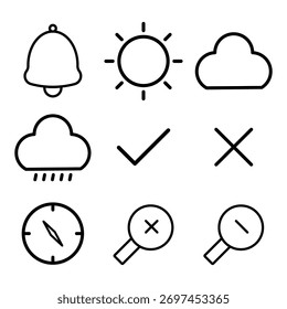 Conjunto de iconos de interfaz universal: notificación de arte de línea minimalista, Clima y símbolos de Vector de navegación