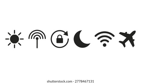Universal interface symbols collection in a minimalist black linear style, sunlight, signal, security, moon, and travel.