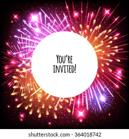 Universal invitation card template design with fireworks and round frame background - wedding, birthday, party, celebration, carnival.