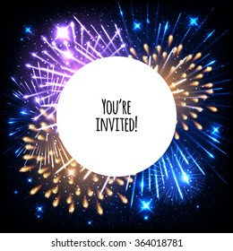 Universal invitation card template design with fireworks and round frame background - wedding, birthday, party, celebration, carnival.