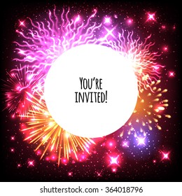 Universal invitation card template design with fireworks and round frame background - wedding, birthday, party, celebration, carnival.