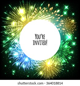 Universal invitation card template design with fireworks and round frame background - wedding, birthday, party, celebration, carnival.